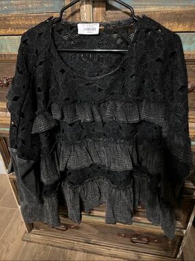 Black Ruffled Open-Knit Women’s Sweater